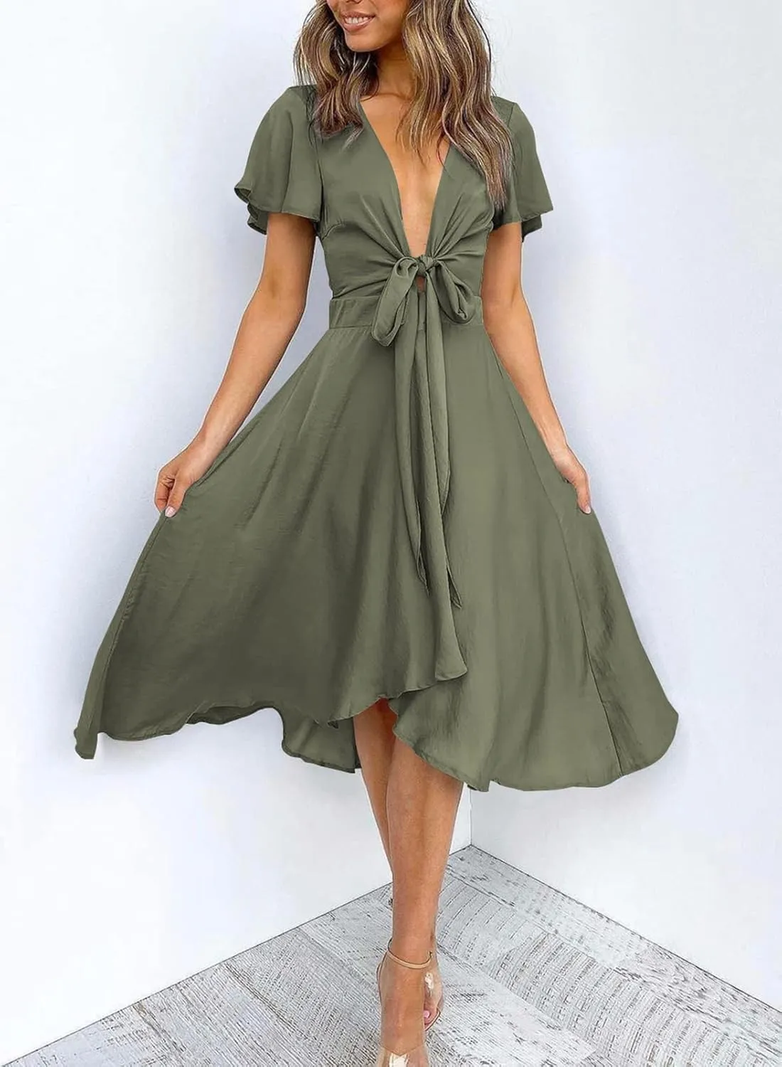 miduo Womens Satin V Neck Ruffle Short Sleeve Tie Front High Waist Midi A-Line Maxi Dresses