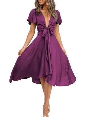 miduo Womens Satin V Neck Ruffle Short Sleeve Tie Front High Waist Midi A-Line Maxi Dresses