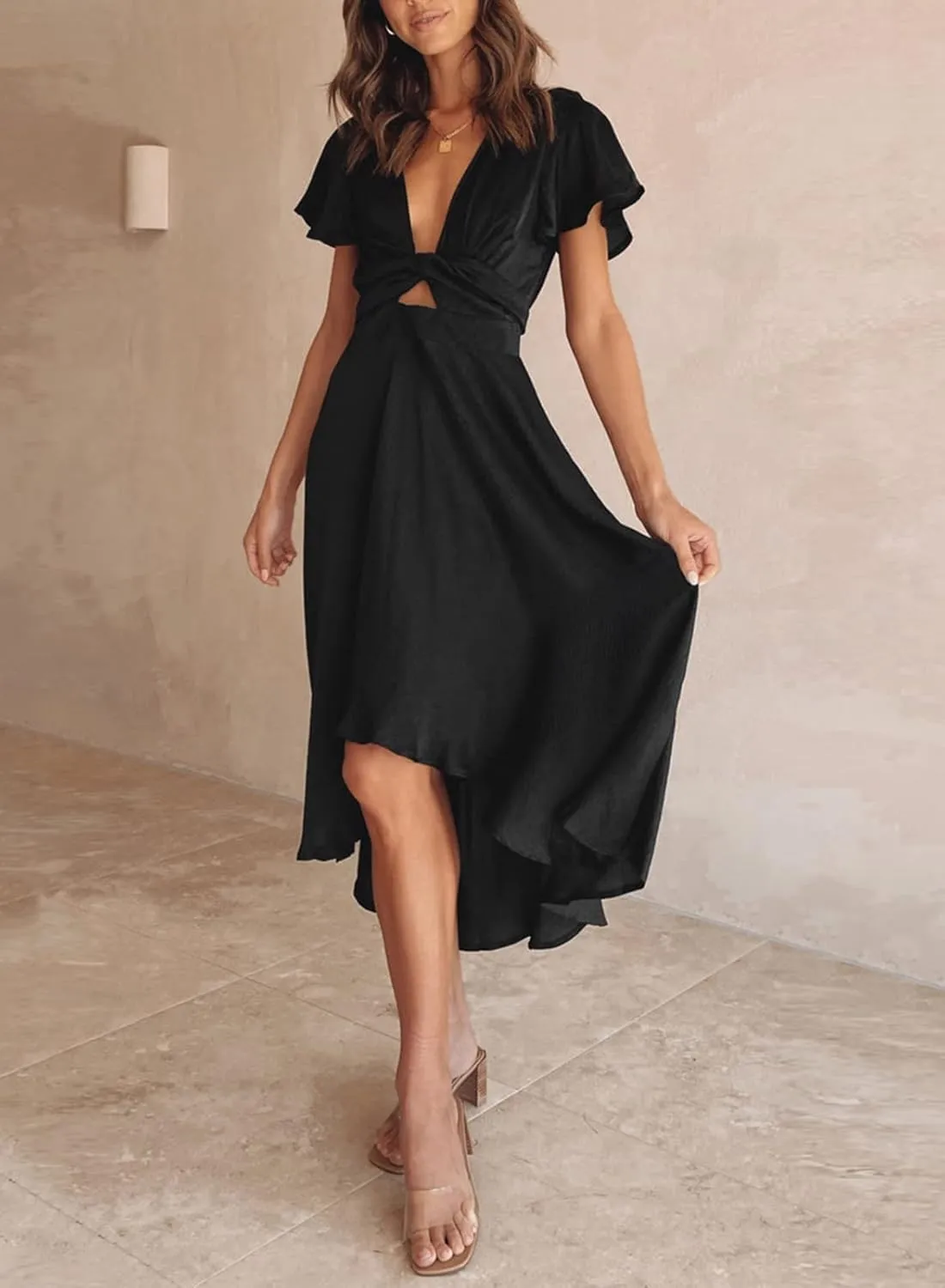 miduo Womens Satin V Neck Ruffle Short Sleeve Tie Front High Waist Midi A-Line Maxi Dresses