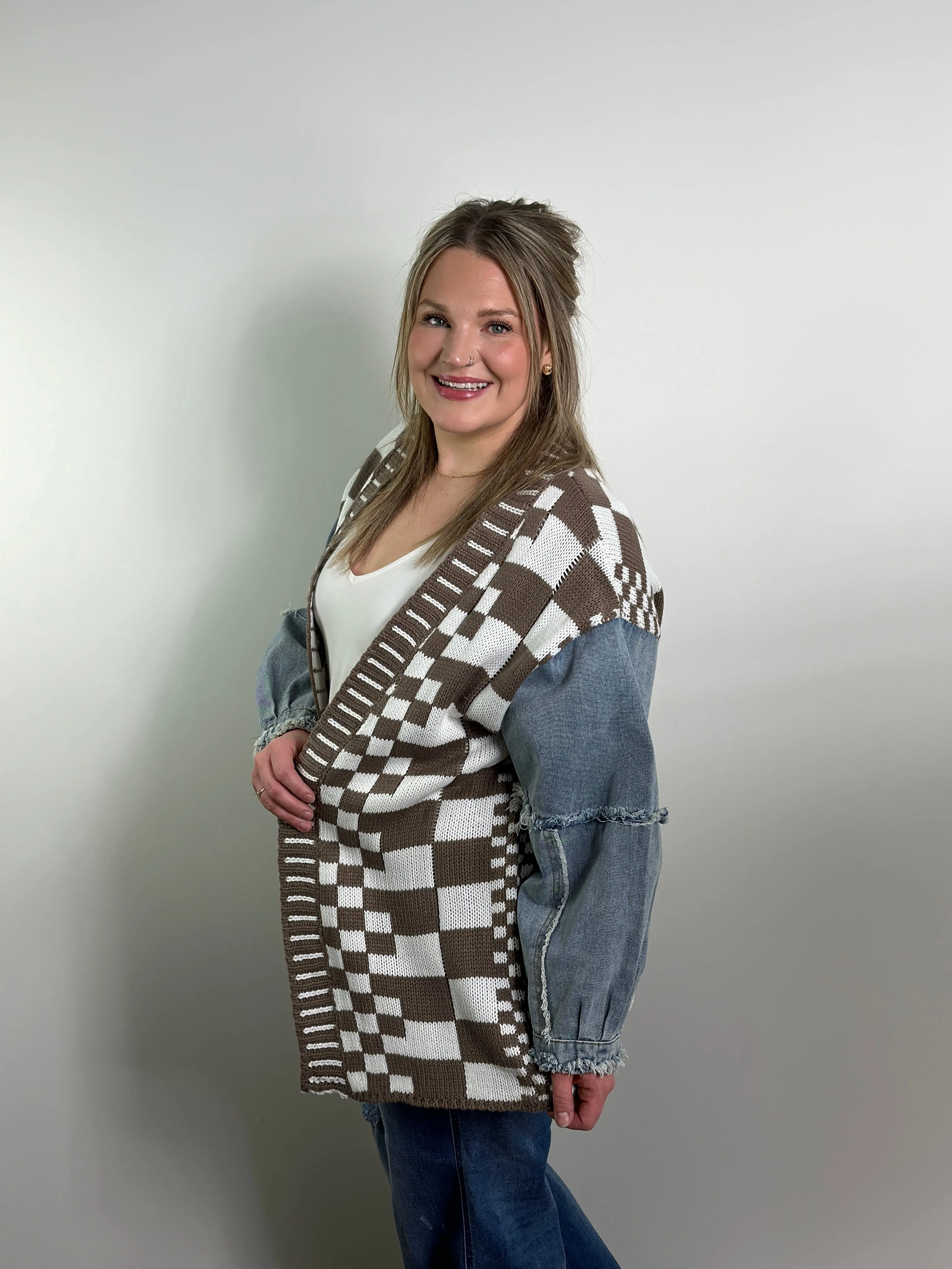 Mocha Checker and Denim Cardigan