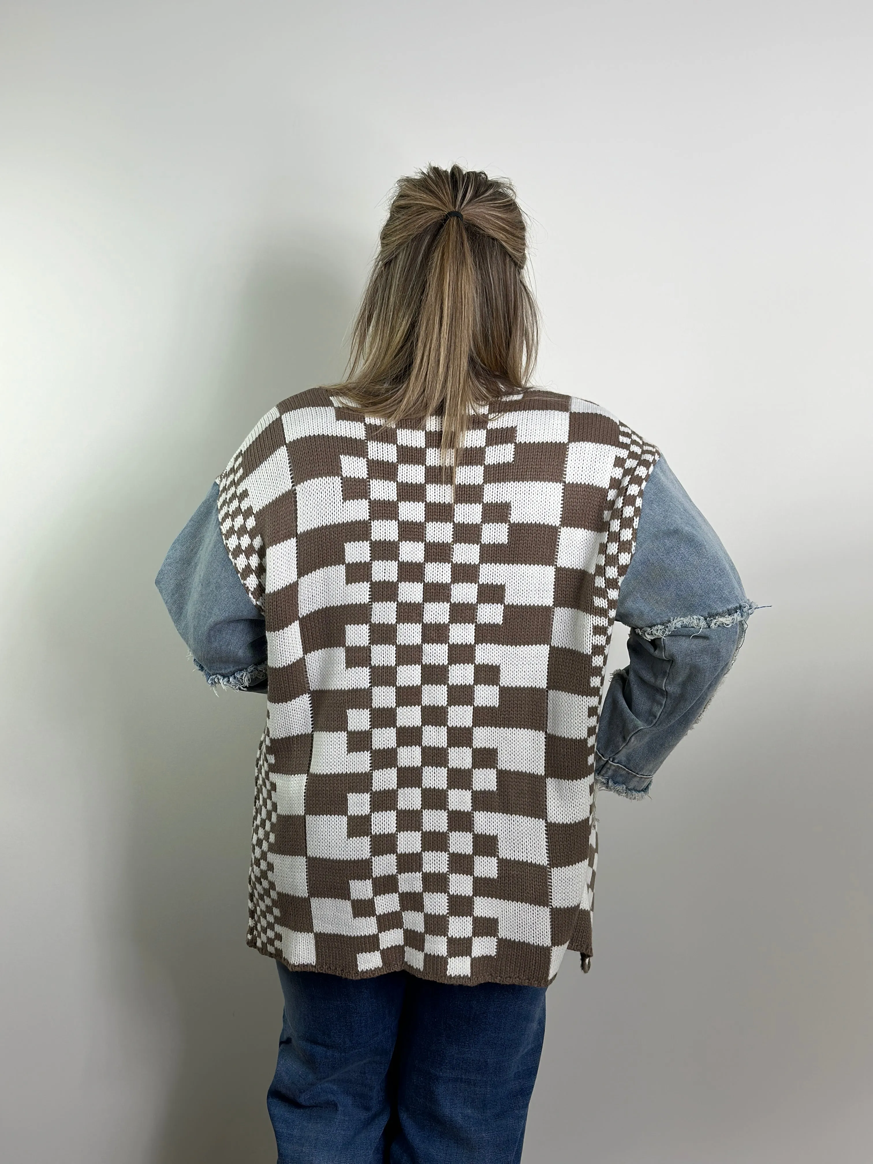 Mocha Checker and Denim Cardigan