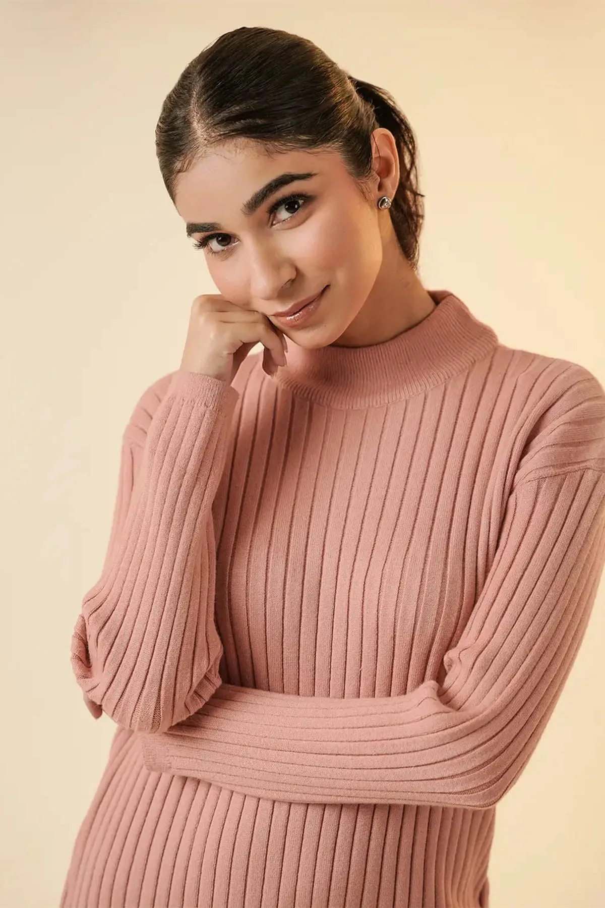 Mock Neck Sweater For Women - Pink