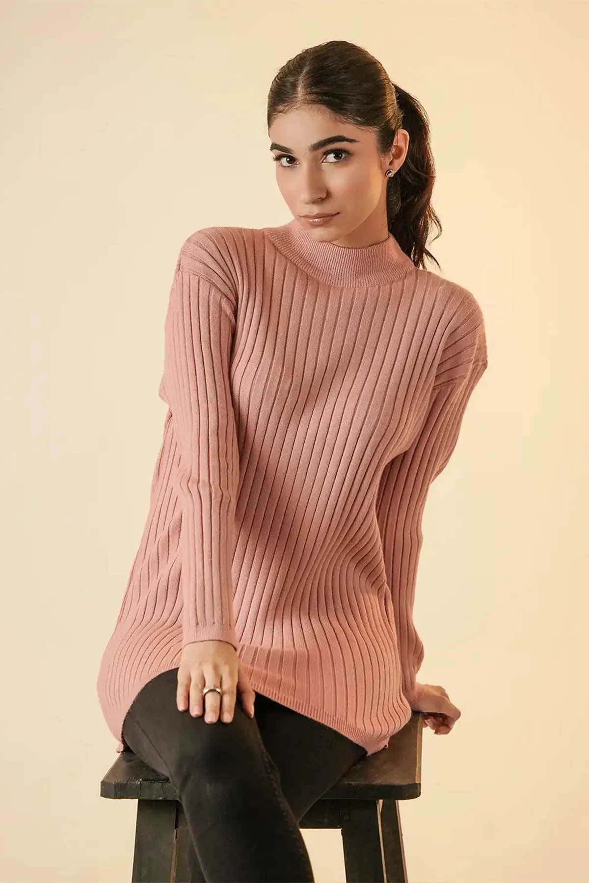 Mock Neck Sweater For Women - Pink
