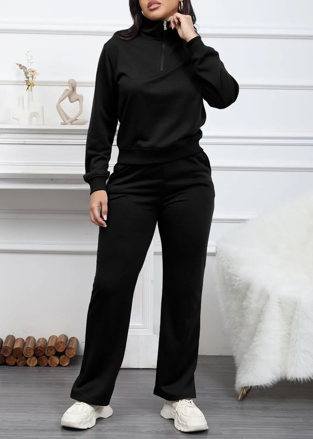 MOEENCN Women 2 Piece Outfits Sweatsuit Oversized Half Zip Sweatshirt Wide Leg Sweatpant Casual Lounge Matching Set Tracksuit