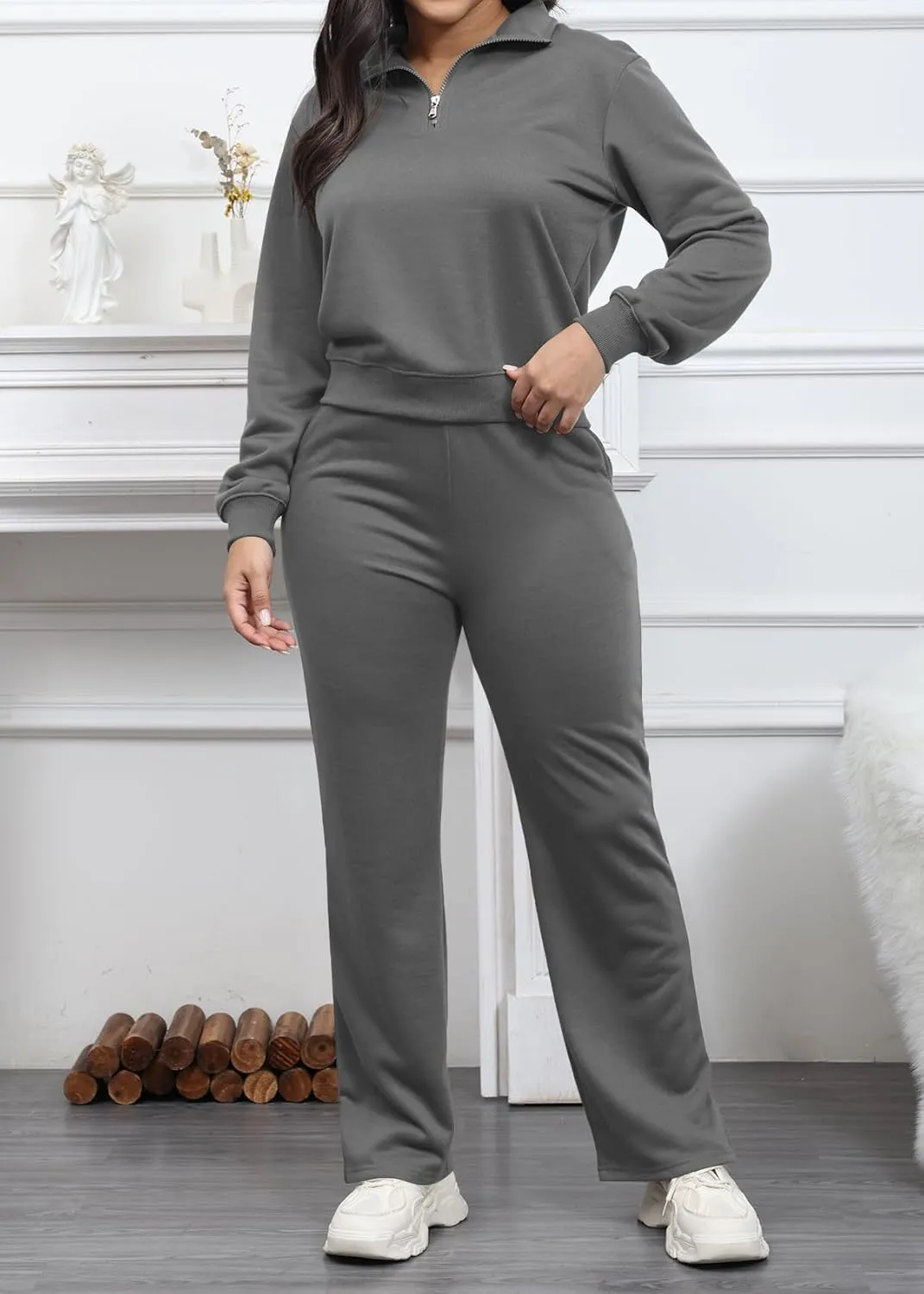 MOEENCN Women 2 Piece Outfits Sweatsuit Oversized Half Zip Sweatshirt Wide Leg Sweatpant Casual Lounge Matching Set Tracksuit