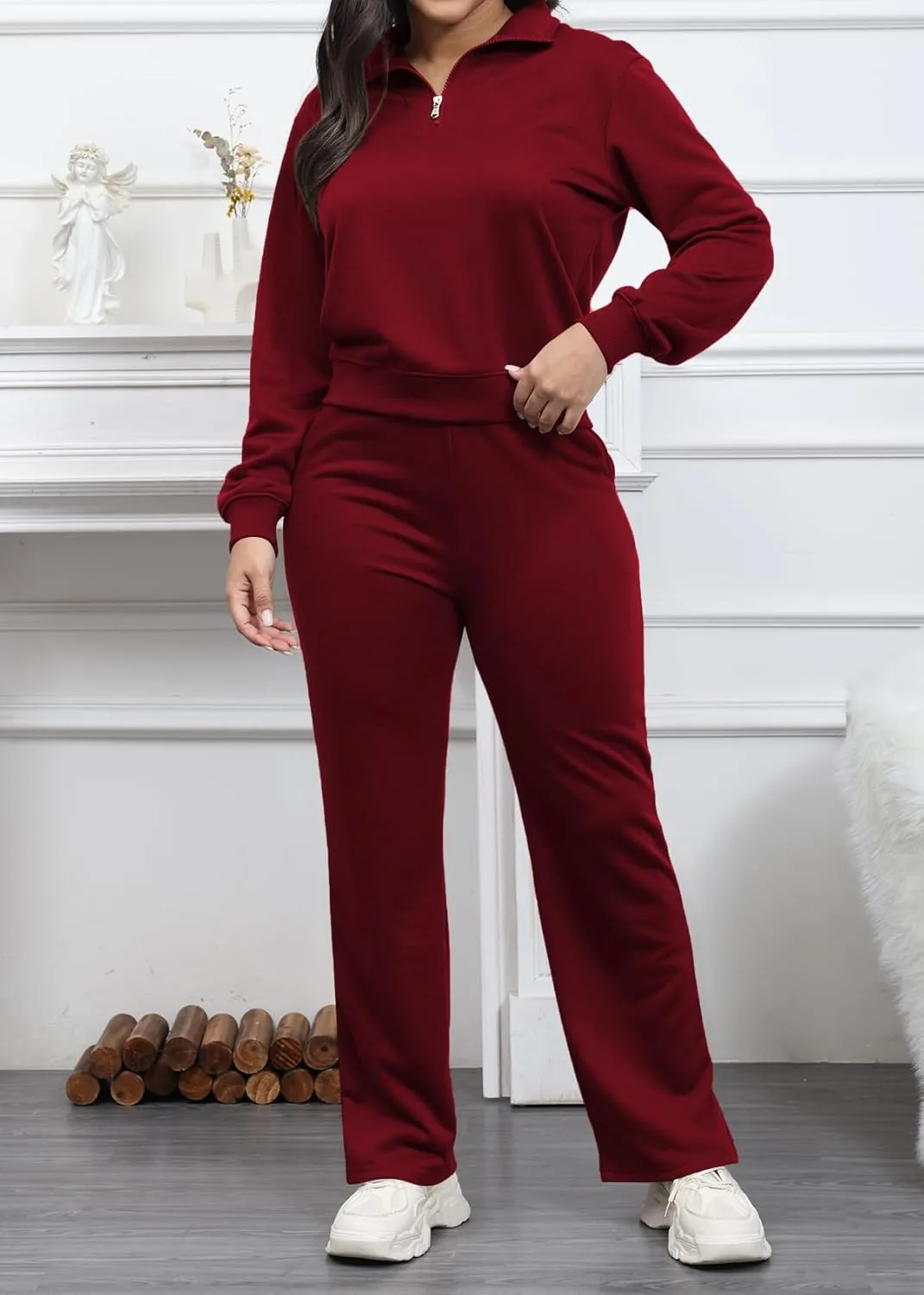 MOEENCN Women 2 Piece Outfits Sweatsuit Oversized Half Zip Sweatshirt Wide Leg Sweatpant Casual Lounge Matching Set Tracksuit