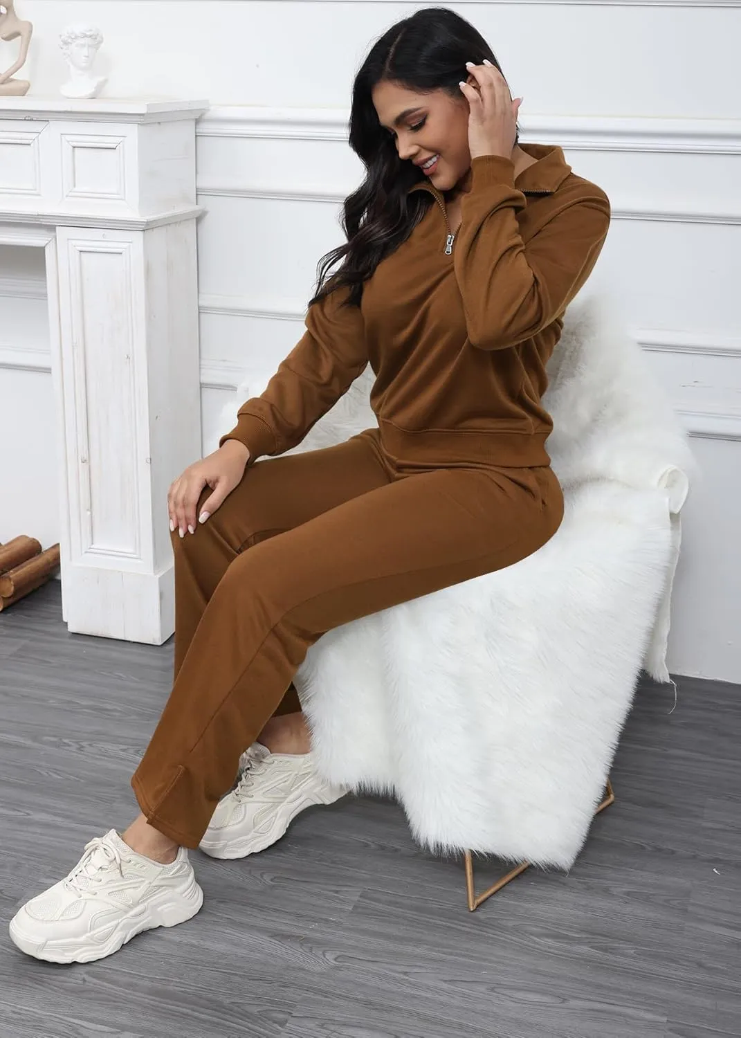 MOEENCN Women 2 Piece Outfits Sweatsuit Oversized Half Zip Sweatshirt Wide Leg Sweatpant Casual Lounge Matching Set Tracksuit