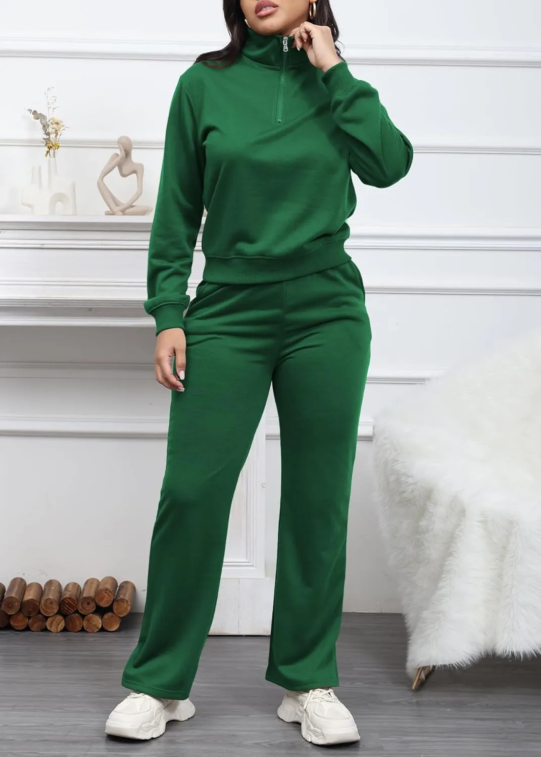 MOEENCN Women 2 Piece Outfits Sweatsuit Oversized Half Zip Sweatshirt Wide Leg Sweatpant Casual Lounge Matching Set Tracksuit