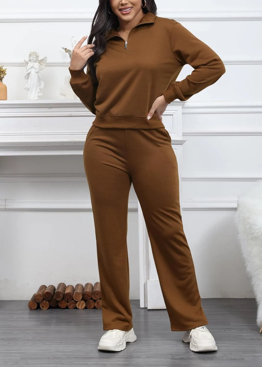 MOEENCN Women 2 Piece Outfits Sweatsuit Oversized Half Zip Sweatshirt Wide Leg Sweatpant Casual Lounge Matching Set Tracksuit