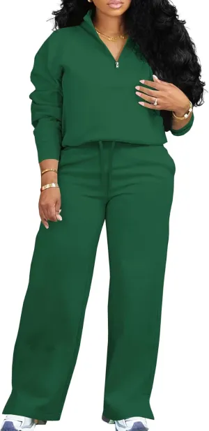 MOEENCN Women 2 Piece Outfits Sweatsuit Oversized Half Zip Sweatshirt Wide Leg Sweatpant Casual Lounge Matching Set Tracksuit