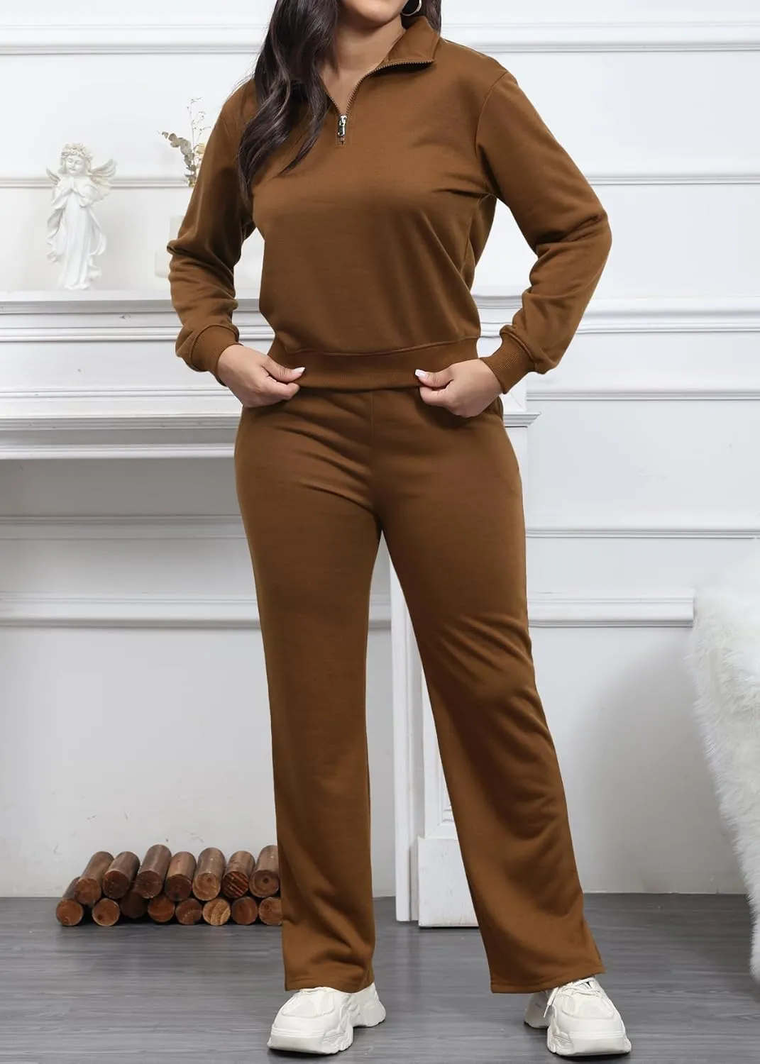 MOEENCN Women 2 Piece Outfits Sweatsuit Oversized Half Zip Sweatshirt Wide Leg Sweatpant Casual Lounge Matching Set Tracksuit