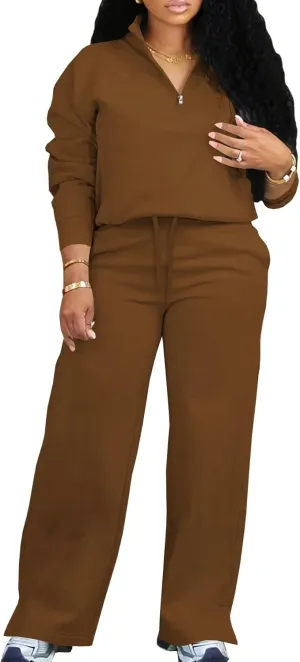 MOEENCN Women 2 Piece Outfits Sweatsuit Oversized Half Zip Sweatshirt Wide Leg Sweatpant Casual Lounge Matching Set Tracksuit