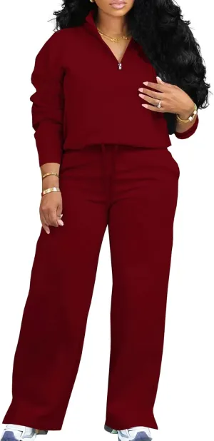 MOEENCN Women 2 Piece Outfits Sweatsuit Oversized Half Zip Sweatshirt Wide Leg Sweatpant Casual Lounge Matching Set Tracksuit