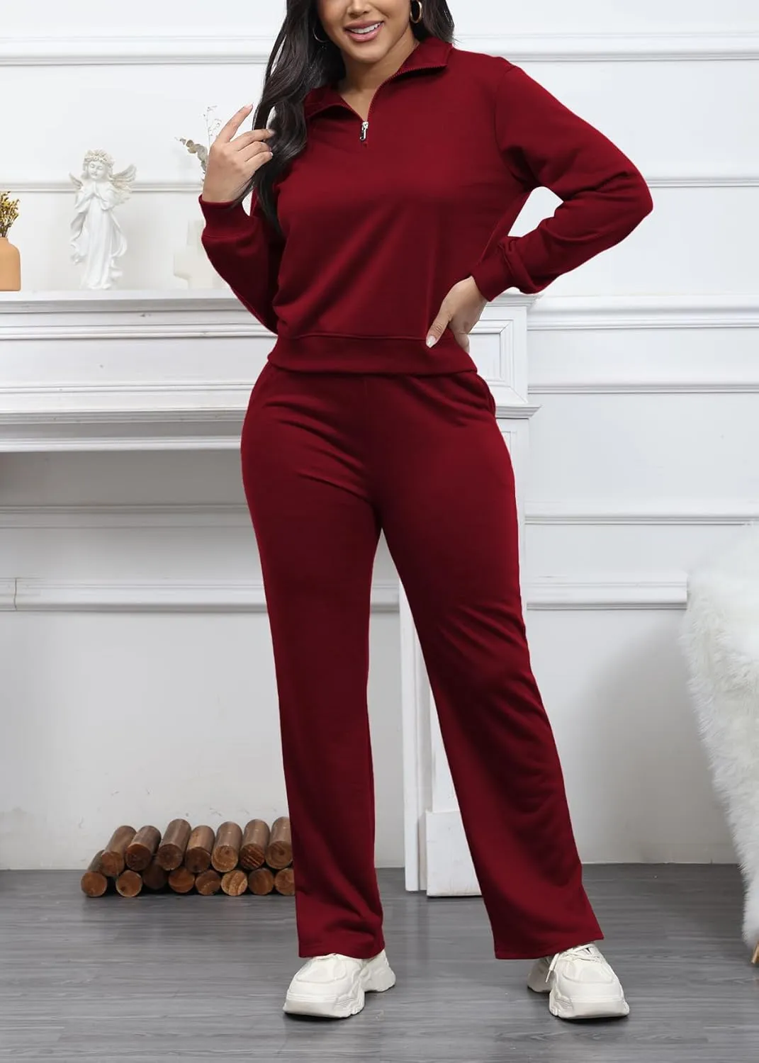 MOEENCN Women 2 Piece Outfits Sweatsuit Oversized Half Zip Sweatshirt Wide Leg Sweatpant Casual Lounge Matching Set Tracksuit