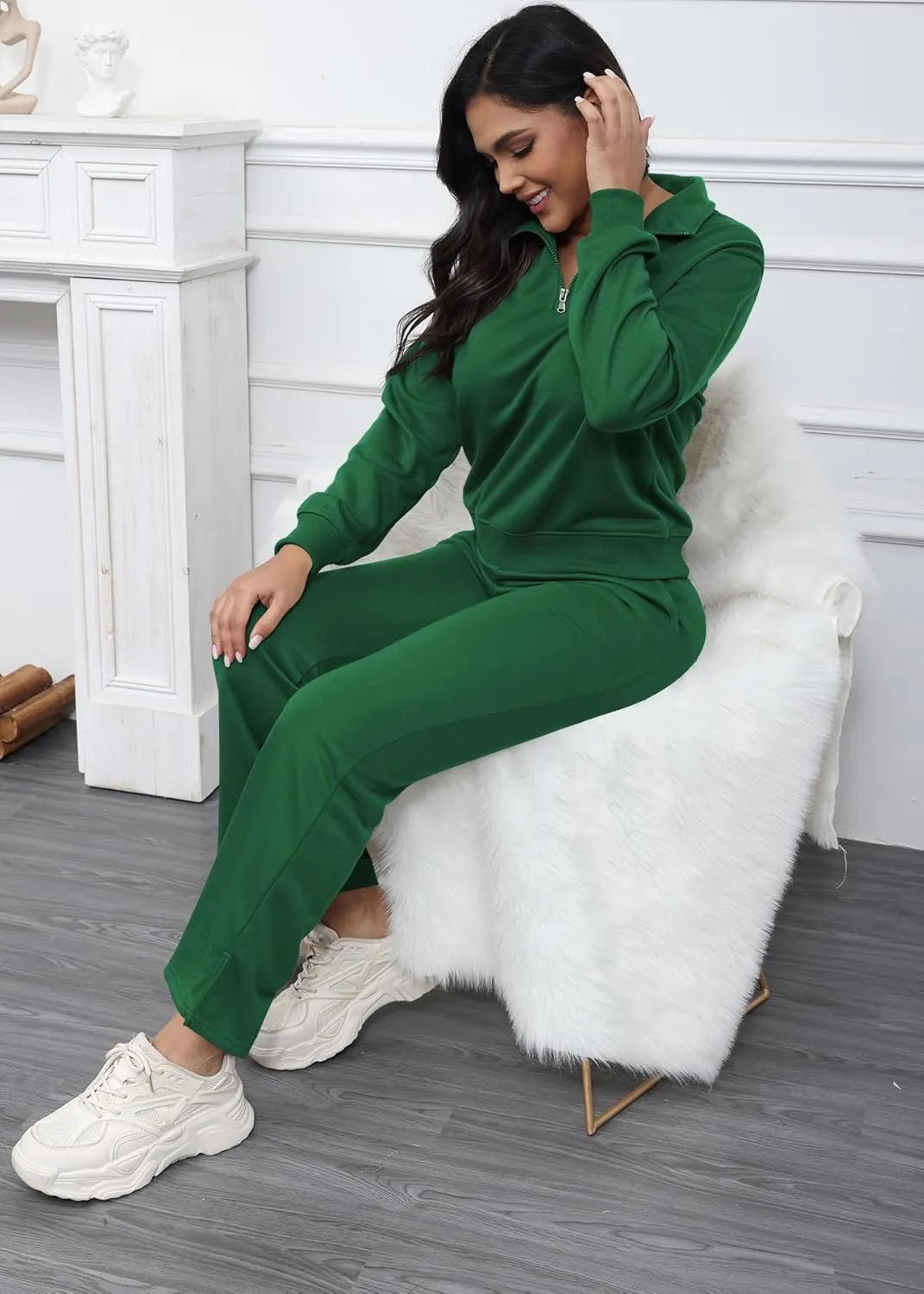 MOEENCN Women 2 Piece Outfits Sweatsuit Oversized Half Zip Sweatshirt Wide Leg Sweatpant Casual Lounge Matching Set Tracksuit