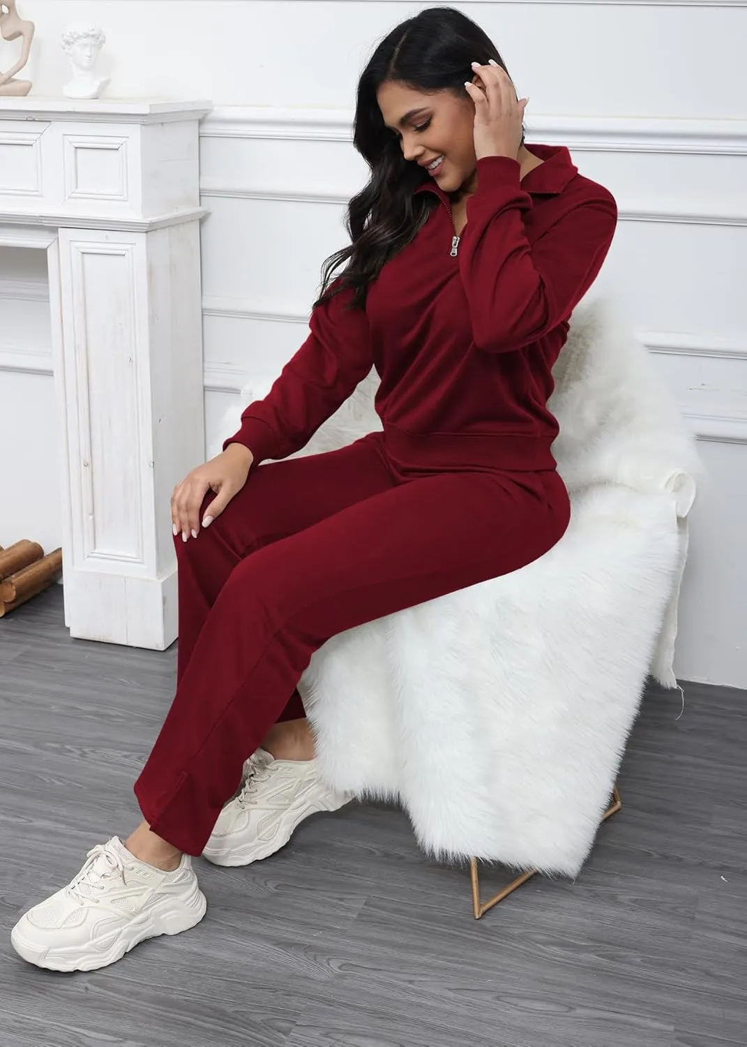 MOEENCN Women 2 Piece Outfits Sweatsuit Oversized Half Zip Sweatshirt Wide Leg Sweatpant Casual Lounge Matching Set Tracksuit