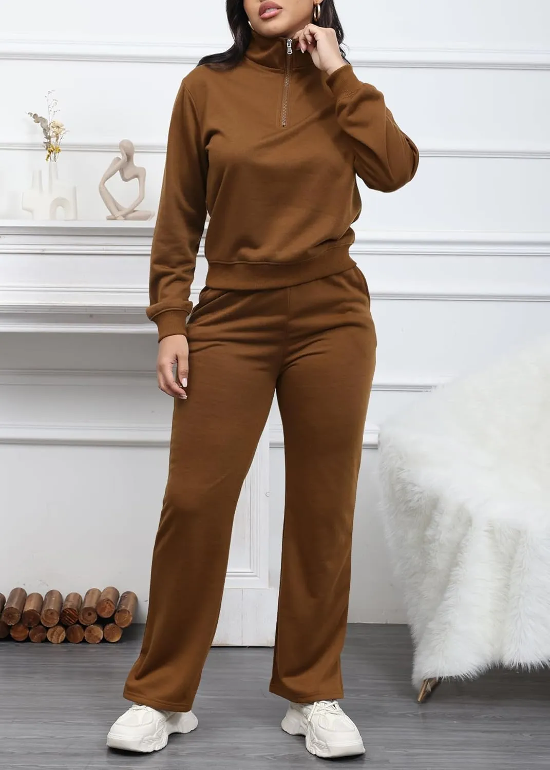 MOEENCN Women 2 Piece Outfits Sweatsuit Oversized Half Zip Sweatshirt Wide Leg Sweatpant Casual Lounge Matching Set Tracksuit