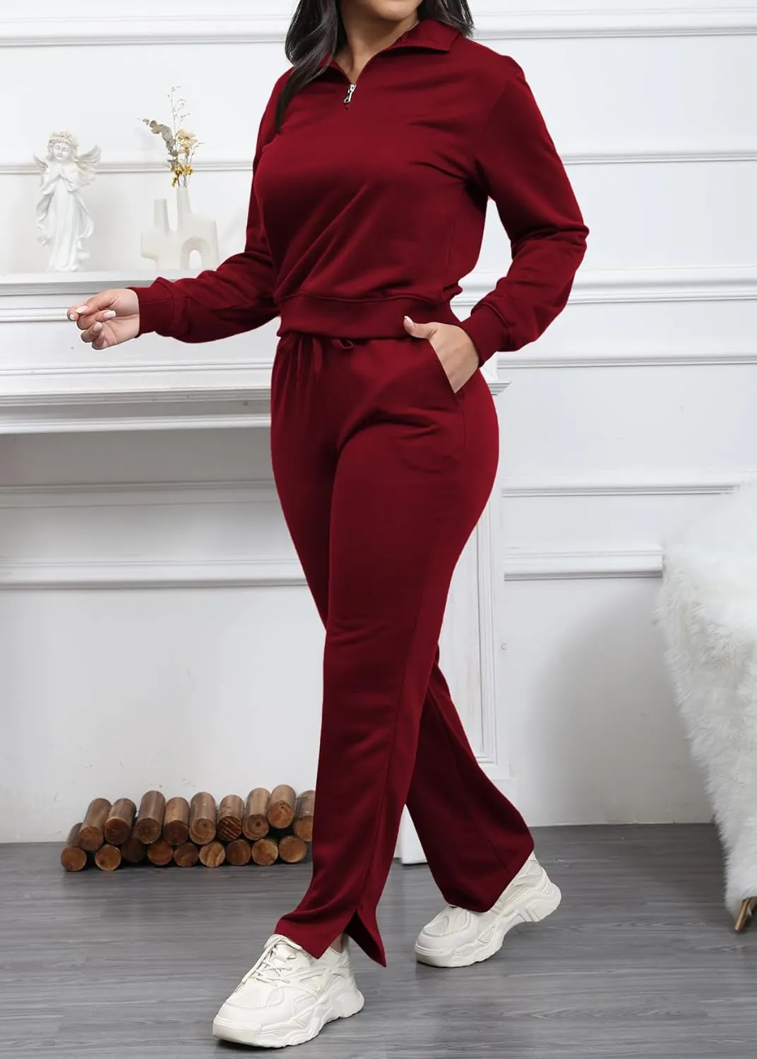 MOEENCN Women 2 Piece Outfits Sweatsuit Oversized Half Zip Sweatshirt Wide Leg Sweatpant Casual Lounge Matching Set Tracksuit