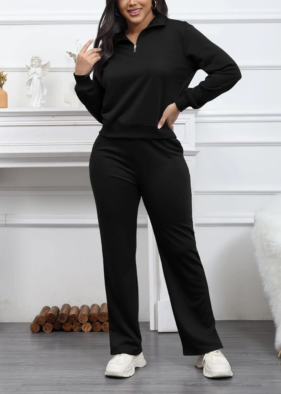 MOEENCN Women 2 Piece Outfits Sweatsuit Oversized Half Zip Sweatshirt Wide Leg Sweatpant Casual Lounge Matching Set Tracksuit