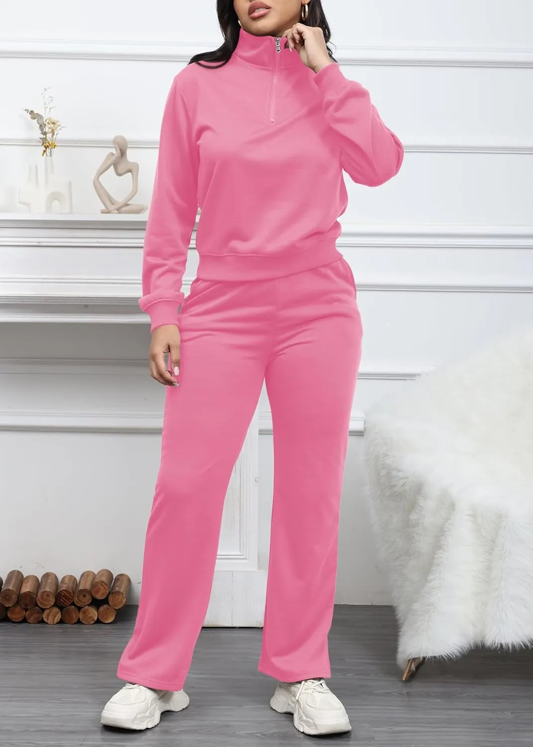 MOEENCN Women 2 Piece Outfits Sweatsuit Oversized Half Zip Sweatshirt Wide Leg Sweatpant Casual Lounge Matching Set Tracksuit