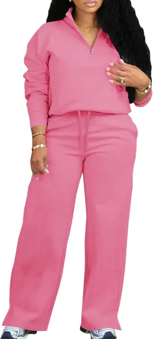 MOEENCN Women 2 Piece Outfits Sweatsuit Oversized Half Zip Sweatshirt Wide Leg Sweatpant Casual Lounge Matching Set Tracksuit