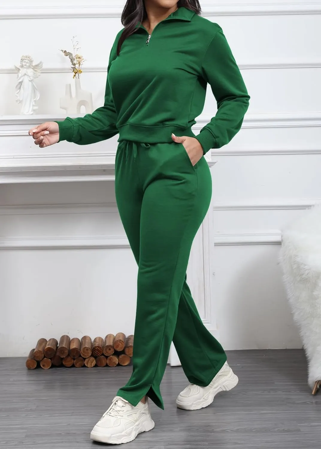MOEENCN Women 2 Piece Outfits Sweatsuit Oversized Half Zip Sweatshirt Wide Leg Sweatpant Casual Lounge Matching Set Tracksuit