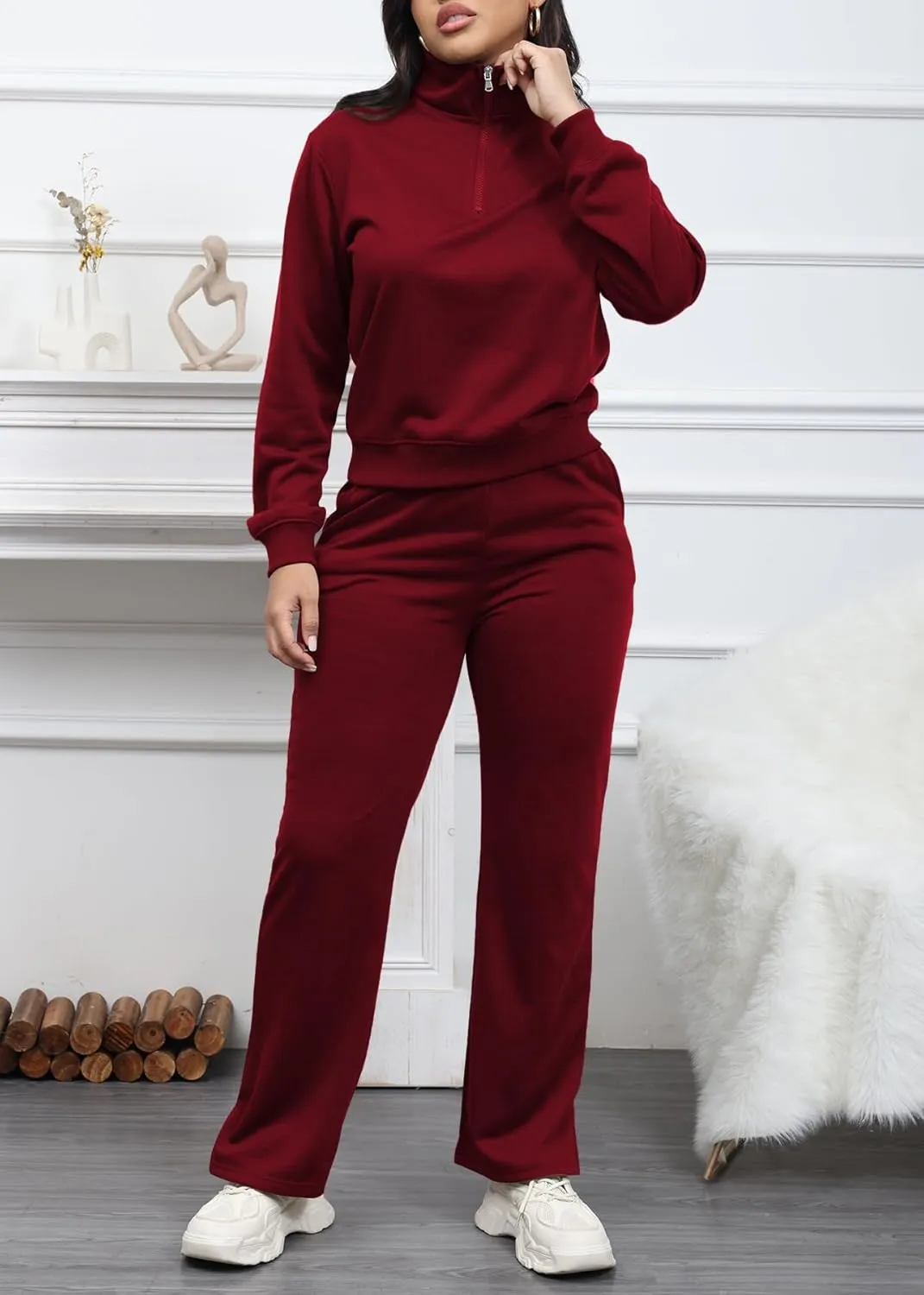 MOEENCN Women 2 Piece Outfits Sweatsuit Oversized Half Zip Sweatshirt Wide Leg Sweatpant Casual Lounge Matching Set Tracksuit