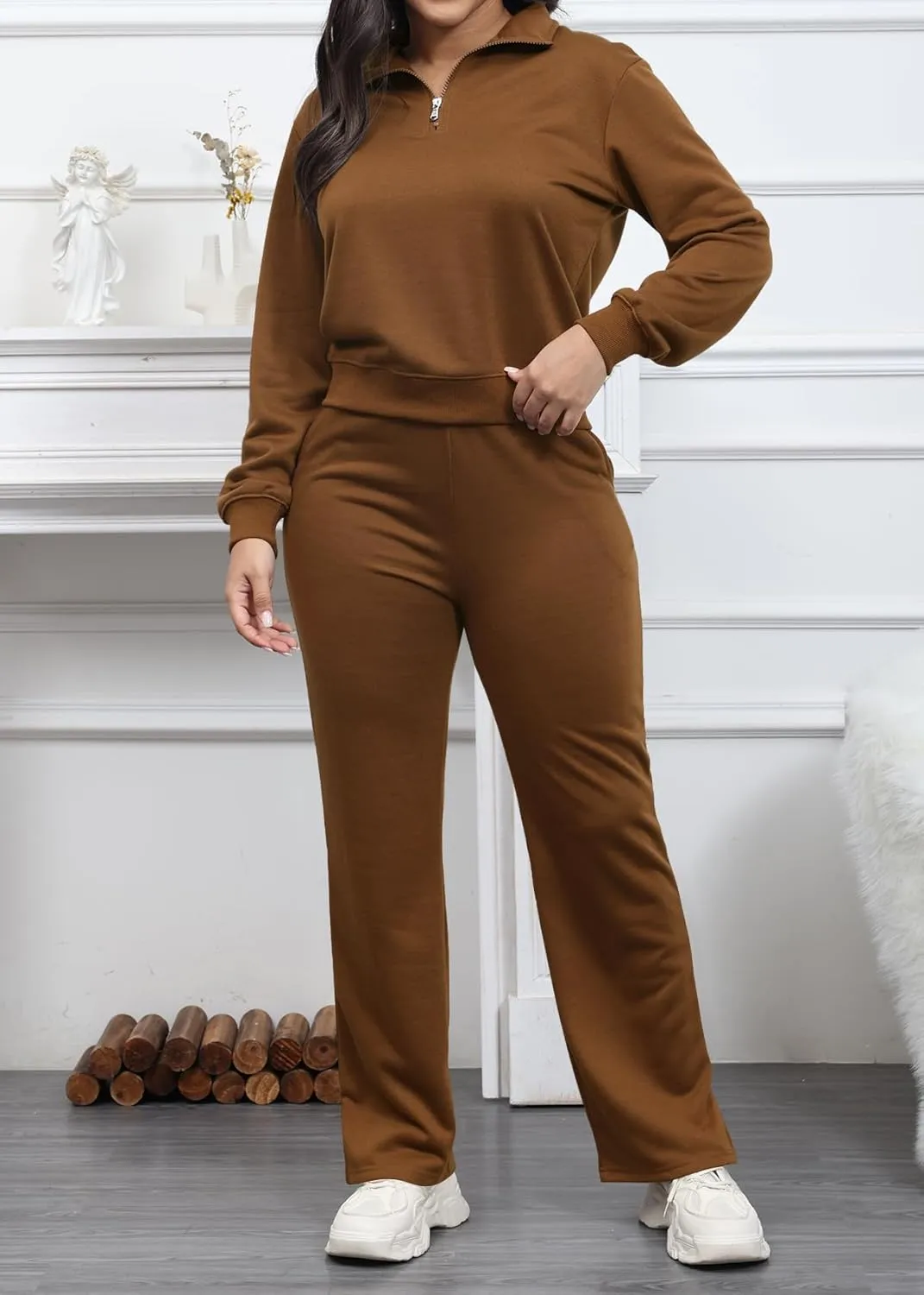 MOEENCN Women 2 Piece Outfits Sweatsuit Oversized Half Zip Sweatshirt Wide Leg Sweatpant Casual Lounge Matching Set Tracksuit
