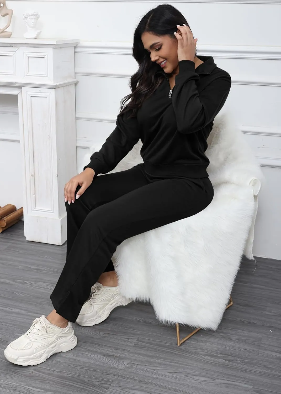 MOEENCN Women 2 Piece Outfits Sweatsuit Oversized Half Zip Sweatshirt Wide Leg Sweatpant Casual Lounge Matching Set Tracksuit