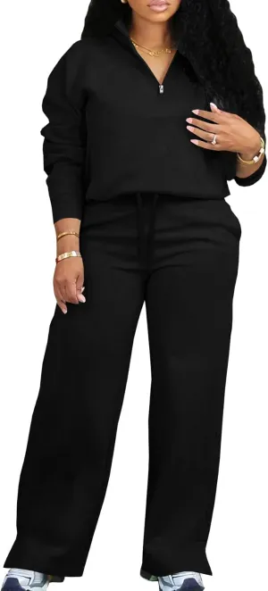MOEENCN Women 2 Piece Outfits Sweatsuit Oversized Half Zip Sweatshirt Wide Leg Sweatpant Casual Lounge Matching Set Tracksuit