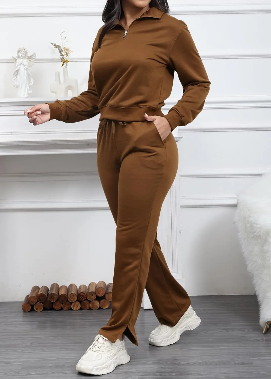 MOEENCN Women 2 Piece Outfits Sweatsuit Oversized Half Zip Sweatshirt Wide Leg Sweatpant Casual Lounge Matching Set Tracksuit