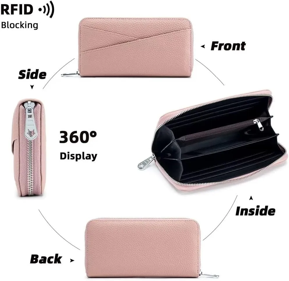 Mudono Women's Wallet Genuine Leather RFID Blocking Credit Card Case Elegant Clutch Purse Travel Phone Wallet with ID Window