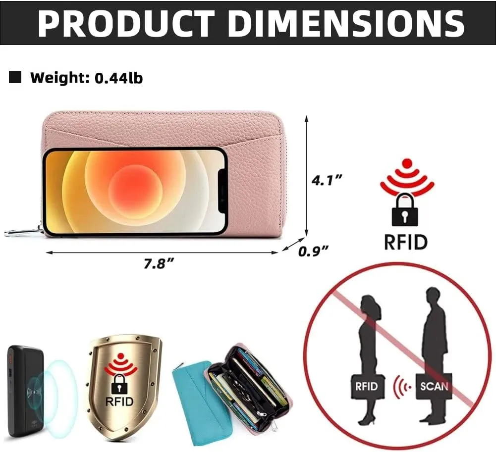 Mudono Women's Wallet Genuine Leather RFID Blocking Credit Card Case Elegant Clutch Purse Travel Phone Wallet with ID Window