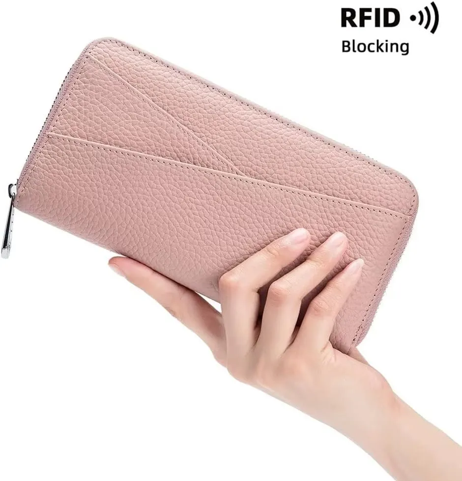 Mudono Women's Wallet Genuine Leather RFID Blocking Credit Card Case Elegant Clutch Purse Travel Phone Wallet with ID Window