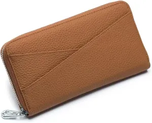 Mudono Women's Wallet Genuine Leather RFID Blocking Credit Card Case Elegant Clutch Purse Travel Phone Wallet with ID Window