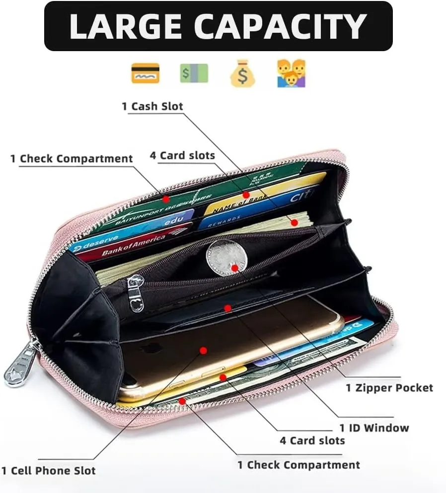 Mudono Women's Wallet Genuine Leather RFID Blocking Credit Card Case Elegant Clutch Purse Travel Phone Wallet with ID Window