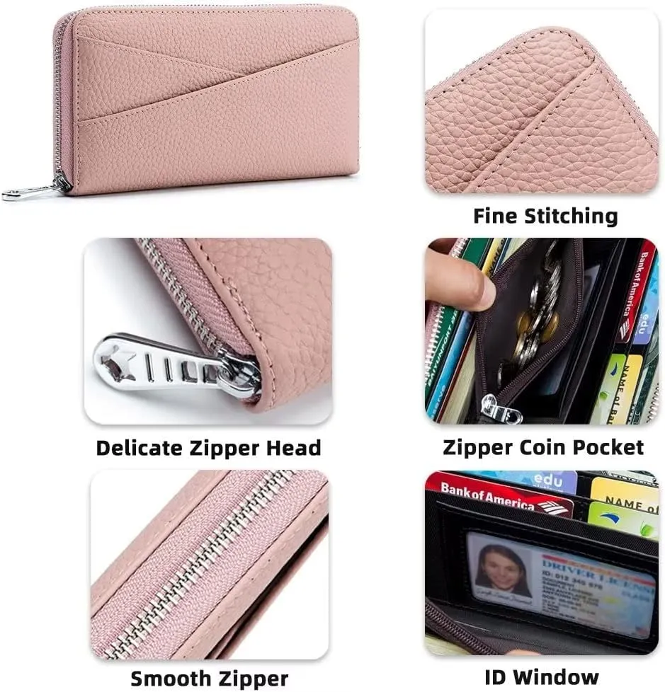 Mudono Women's Wallet Genuine Leather RFID Blocking Credit Card Case Elegant Clutch Purse Travel Phone Wallet with ID Window