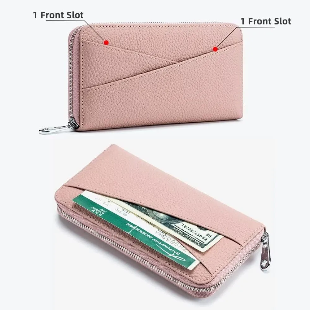 Mudono Women's Wallet Genuine Leather RFID Blocking Credit Card Case Elegant Clutch Purse Travel Phone Wallet with ID Window