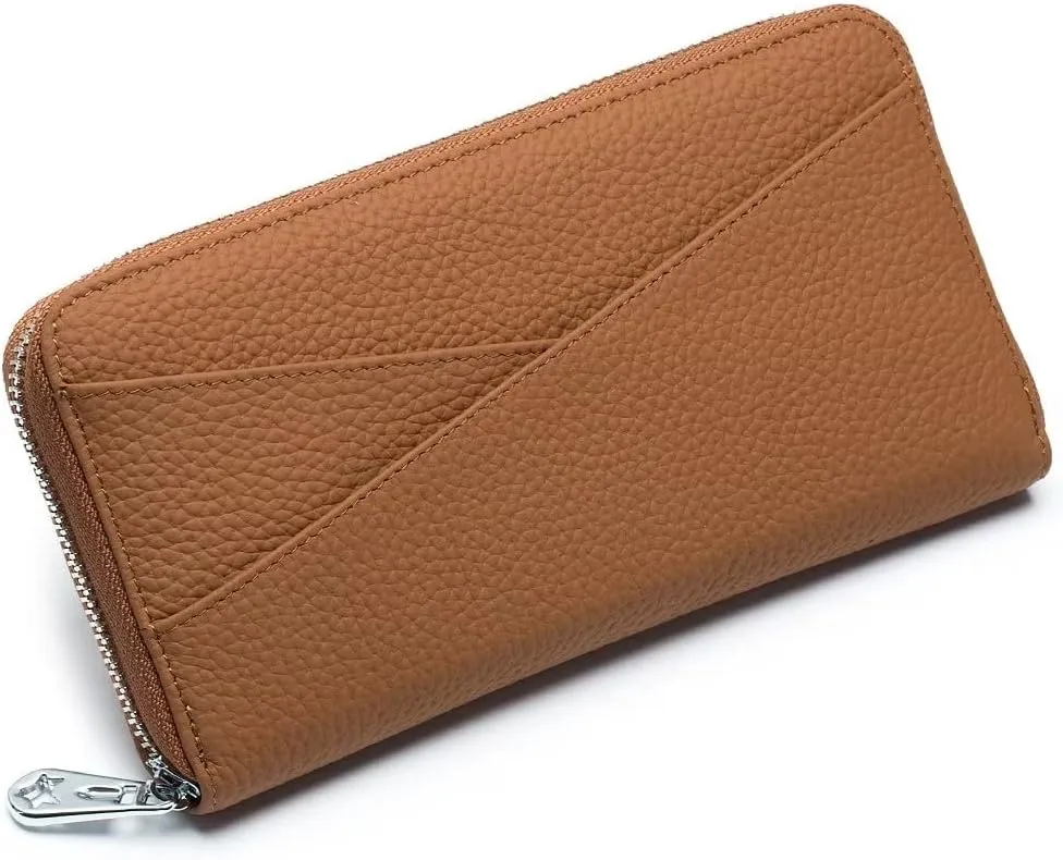 Mudono Women's Wallet Genuine Leather RFID Blocking Credit Card Case Elegant Clutch Purse Travel Phone Wallet with ID Window