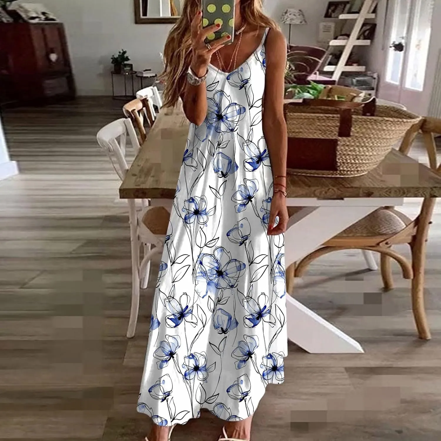 NaRHbrg Women's Floral Print Maxi Dress Sleeveless V Neck Boho Beach Sundress Flowy Casual Summer Long Dresses Sundress