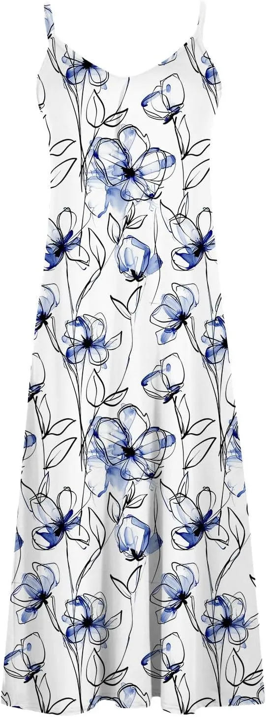NaRHbrg Women's Floral Print Maxi Dress Sleeveless V Neck Boho Beach Sundress Flowy Casual Summer Long Dresses Sundress