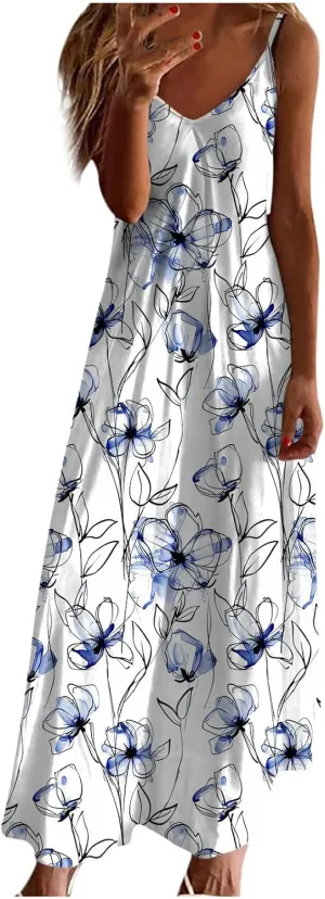 NaRHbrg Women's Floral Print Maxi Dress Sleeveless V Neck Boho Beach Sundress Flowy Casual Summer Long Dresses Sundress