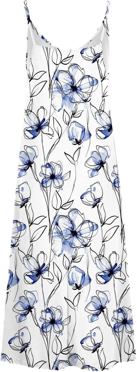 NaRHbrg Women's Floral Print Maxi Dress Sleeveless V Neck Boho Beach Sundress Flowy Casual Summer Long Dresses Sundress