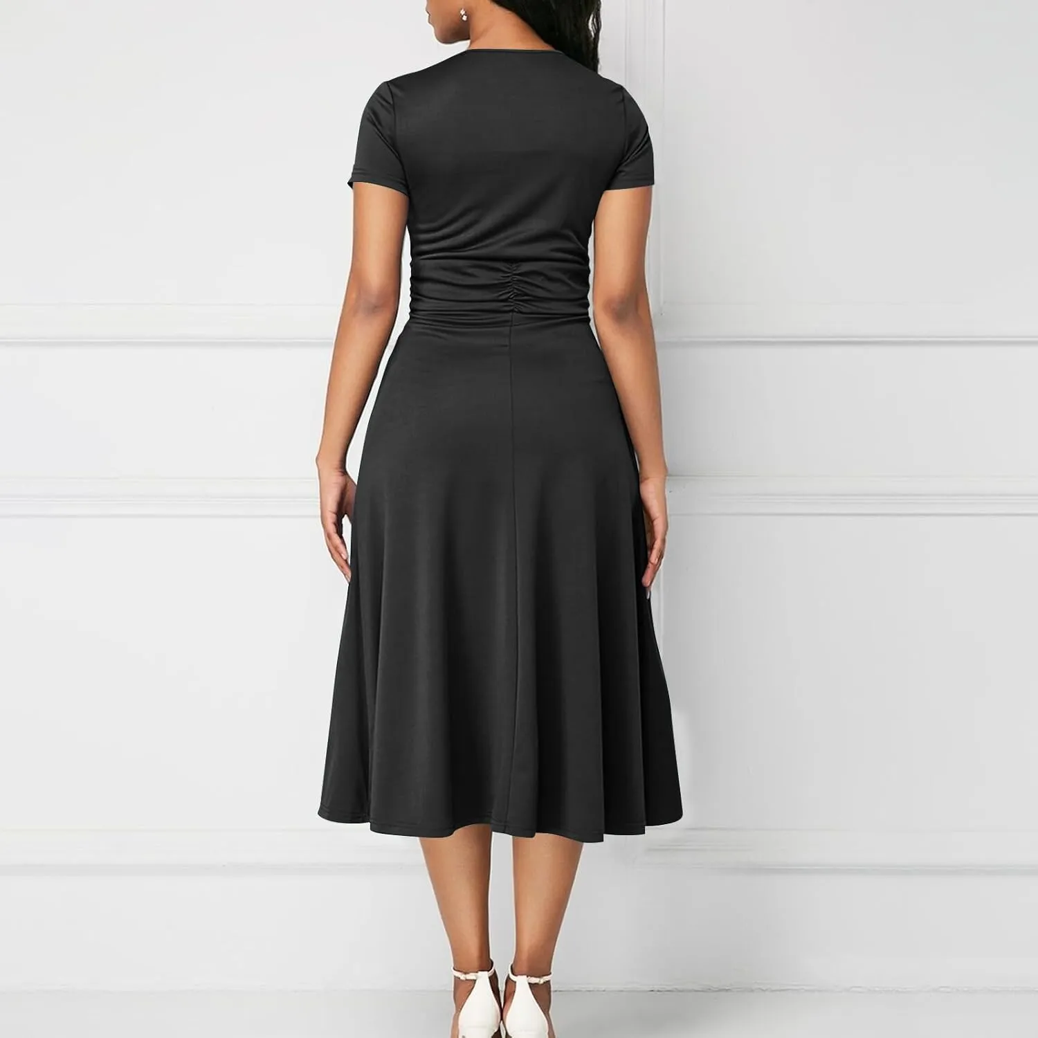 NaRHbrg Women's Wrap Midi Dress Elegant Short Sleeve V Neck Belted Ruffled Dresses Plus Size Formal Cocktail Wedding Dress