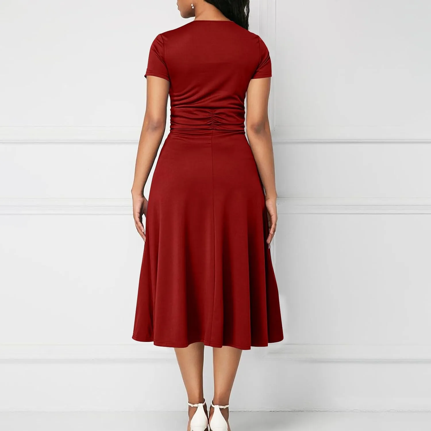 NaRHbrg Women's Wrap Midi Dress Elegant Short Sleeve V Neck Belted Ruffled Dresses Plus Size Formal Cocktail Wedding Dress