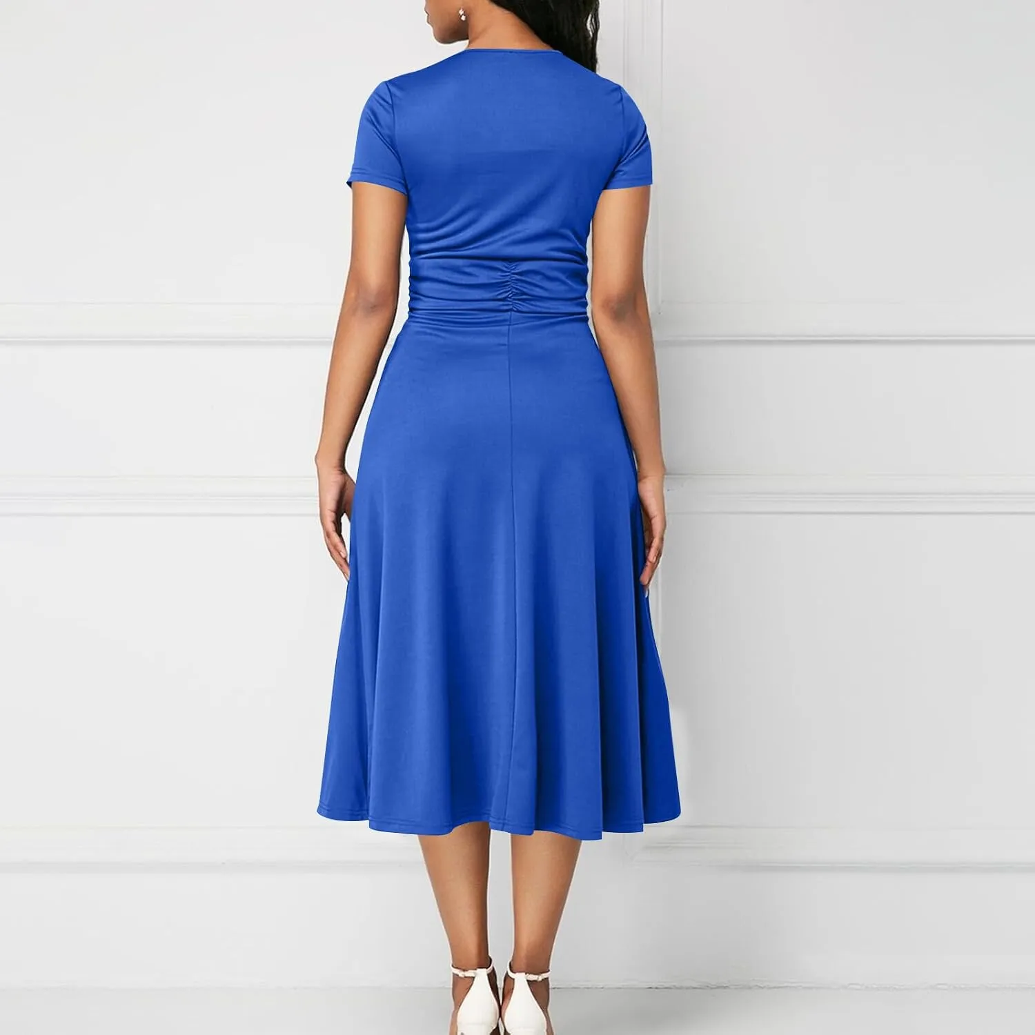 NaRHbrg Women's Wrap Midi Dress Elegant Short Sleeve V Neck Belted Ruffled Dresses Plus Size Formal Cocktail Wedding Dress