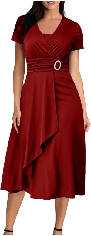 NaRHbrg Women's Wrap Midi Dress Elegant Short Sleeve V Neck Belted Ruffled Dresses Plus Size Formal Cocktail Wedding Dress