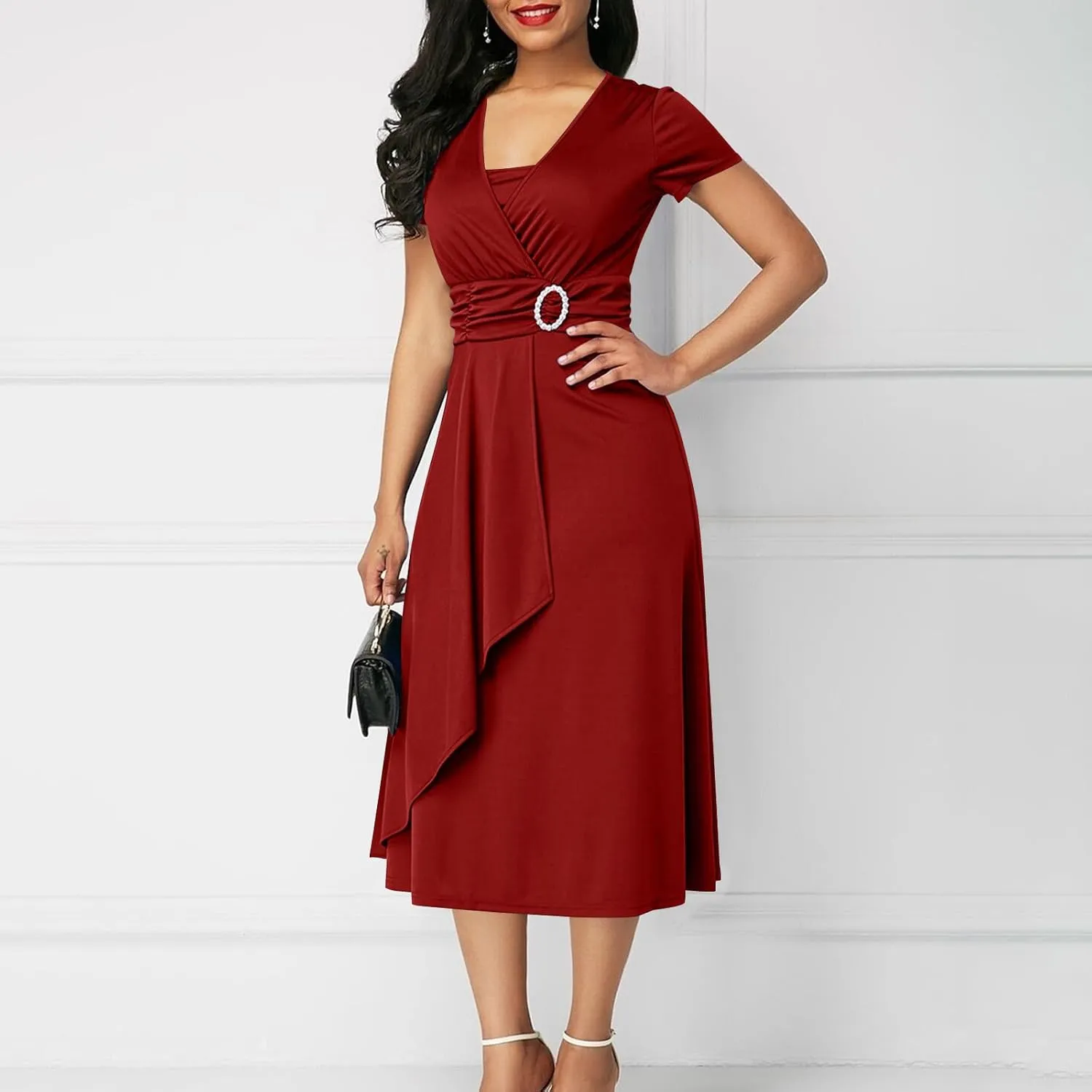 NaRHbrg Women's Wrap Midi Dress Elegant Short Sleeve V Neck Belted Ruffled Dresses Plus Size Formal Cocktail Wedding Dress