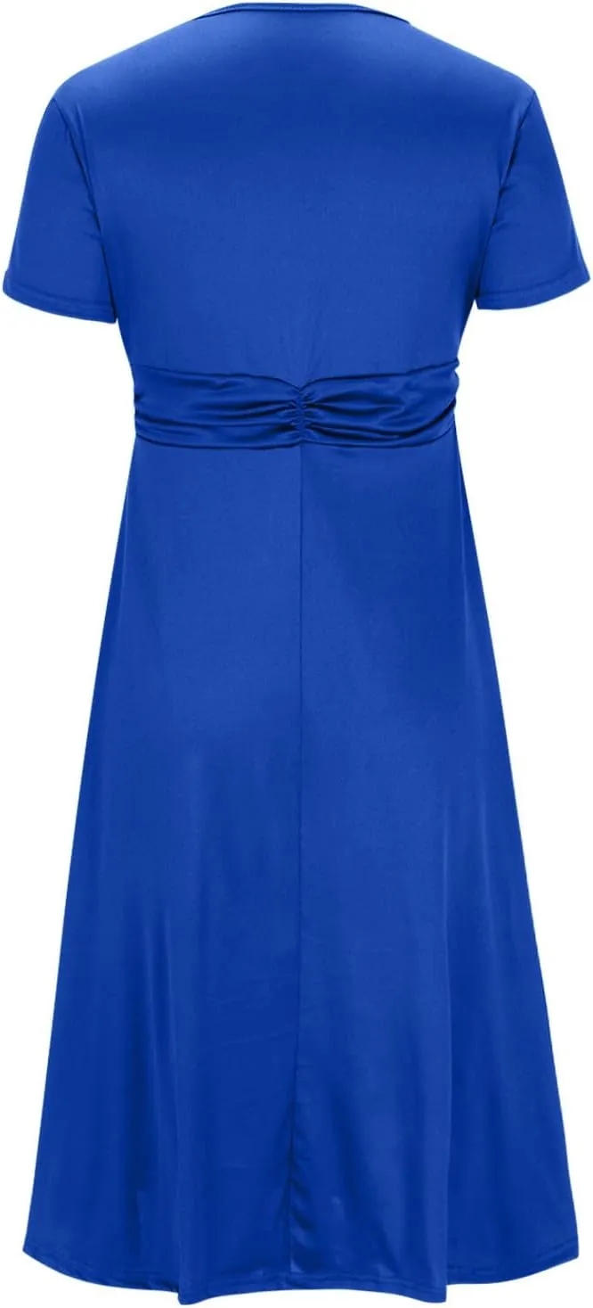 NaRHbrg Women's Wrap Midi Dress Elegant Short Sleeve V Neck Belted Ruffled Dresses Plus Size Formal Cocktail Wedding Dress