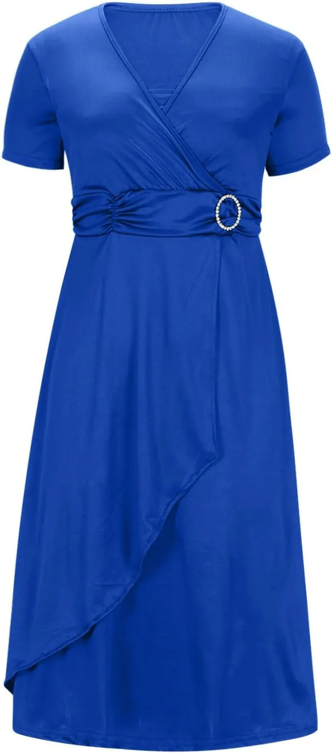 NaRHbrg Women's Wrap Midi Dress Elegant Short Sleeve V Neck Belted Ruffled Dresses Plus Size Formal Cocktail Wedding Dress